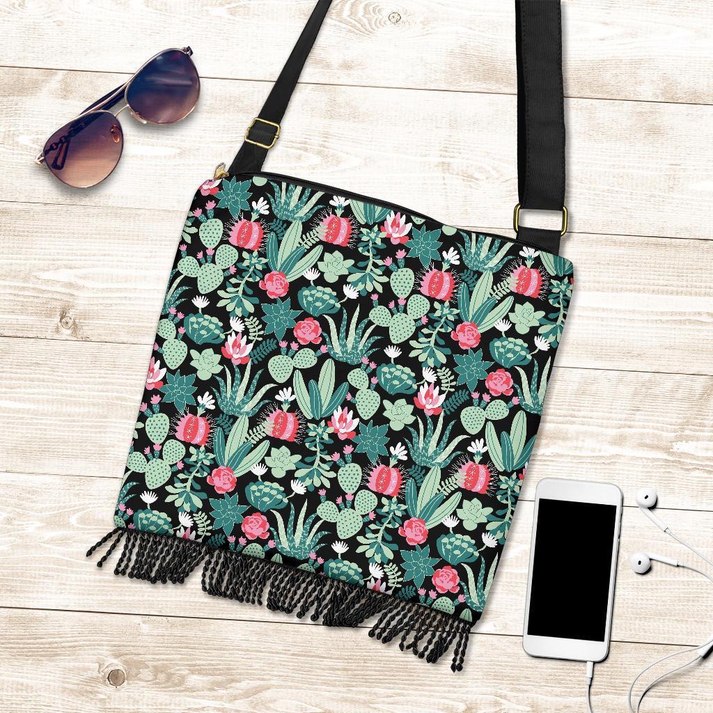 Black Cactus Pattern Print Crossbody Bags-grizzshop