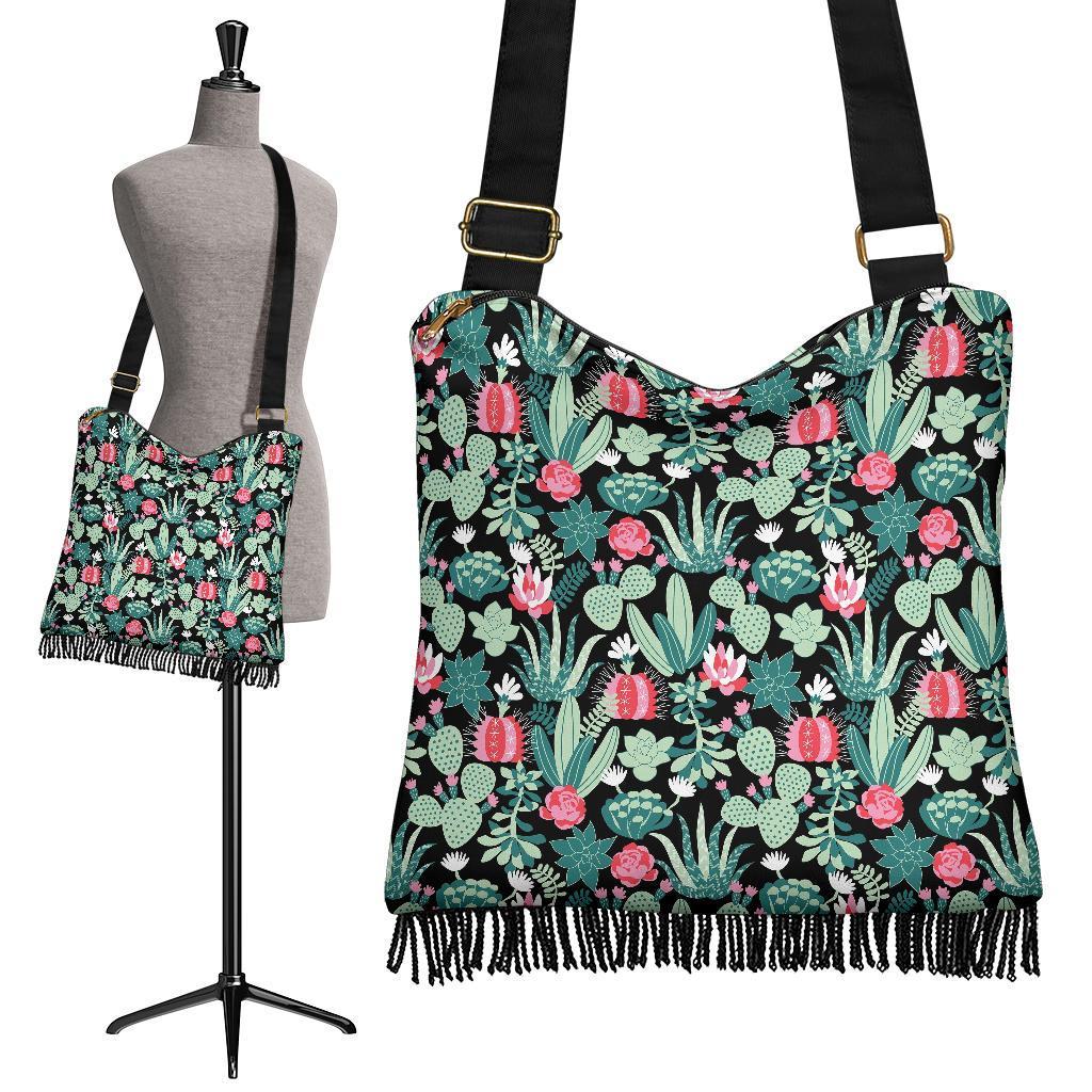 Black Cactus Pattern Print Crossbody Bags-grizzshop