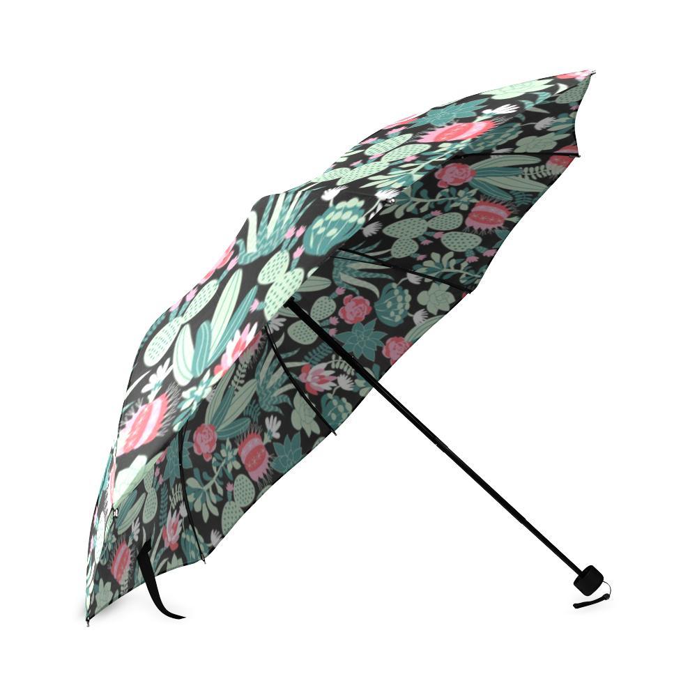 Black Cactus Pattern Print Foldable Umbrella-grizzshop