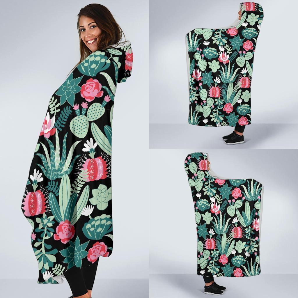 Black Cactus Pattern Print Hooded Blanket-grizzshop