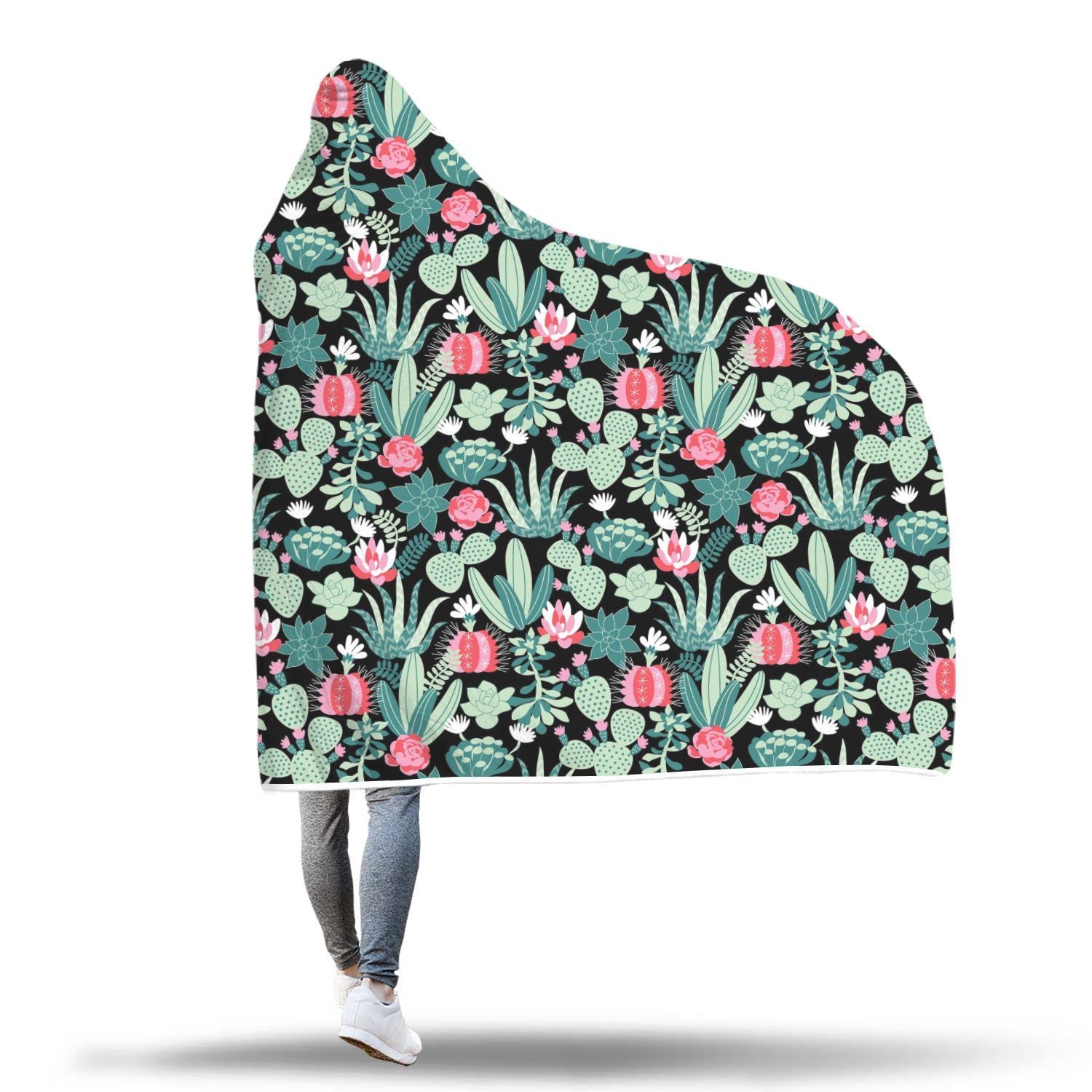 Black Cactus Pattern Print Hooded Blanket-grizzshop