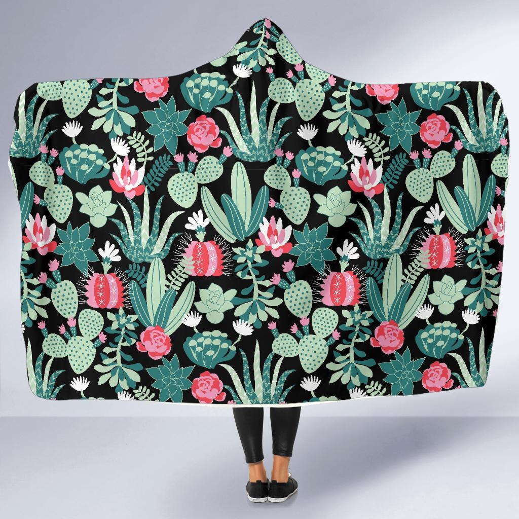 Black Cactus Pattern Print Hooded Blanket-grizzshop