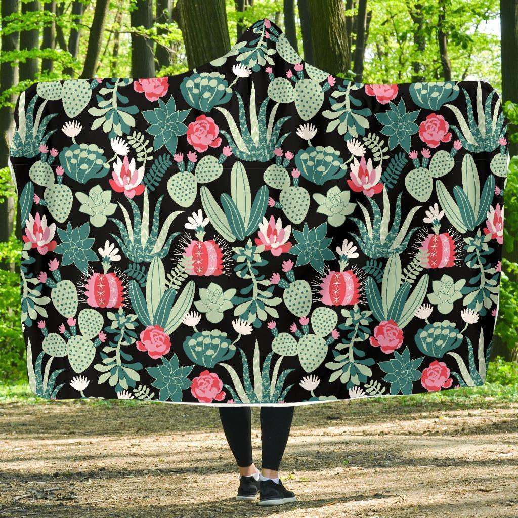 Black Cactus Pattern Print Hooded Blanket-grizzshop
