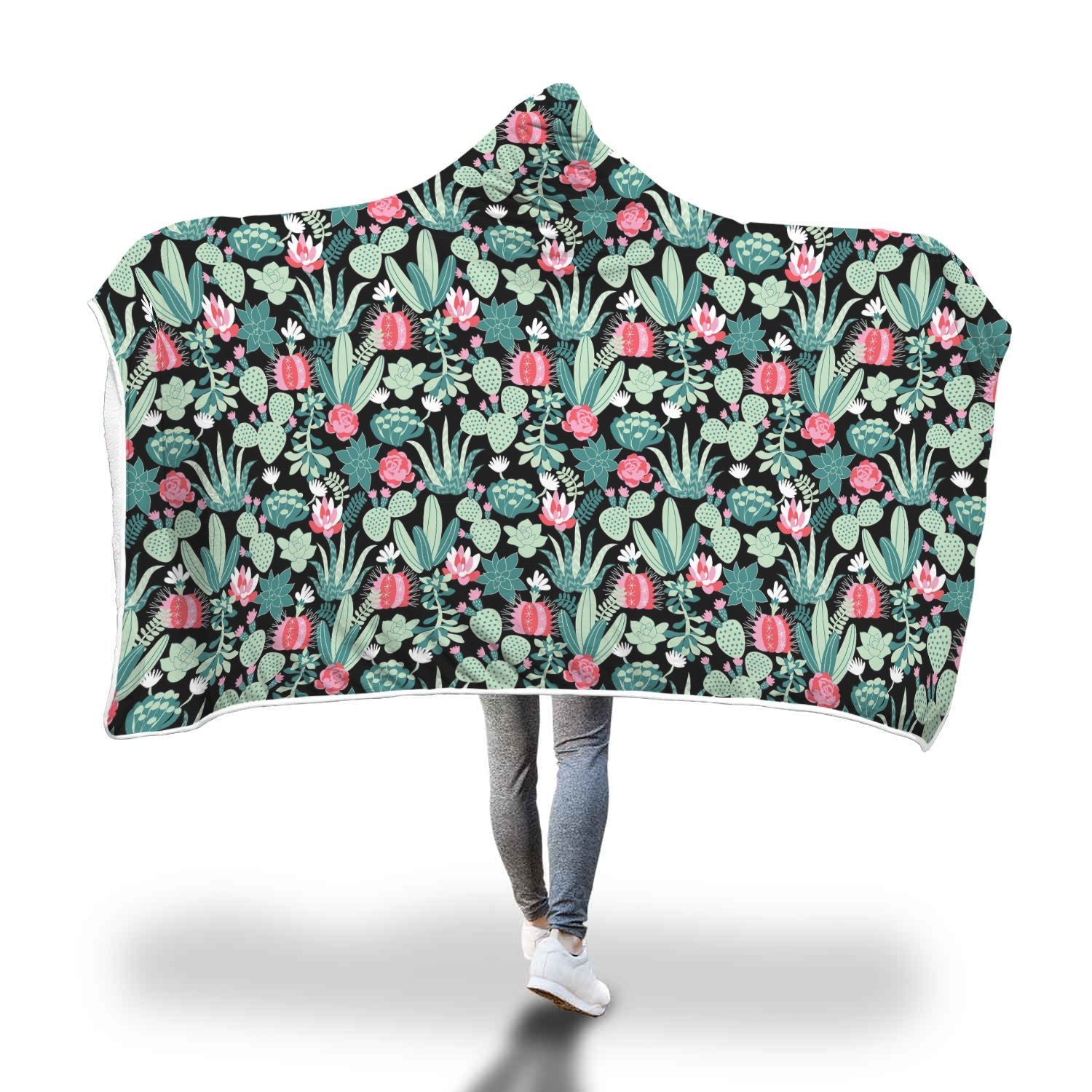 Black Cactus Pattern Print Hooded Blanket-grizzshop