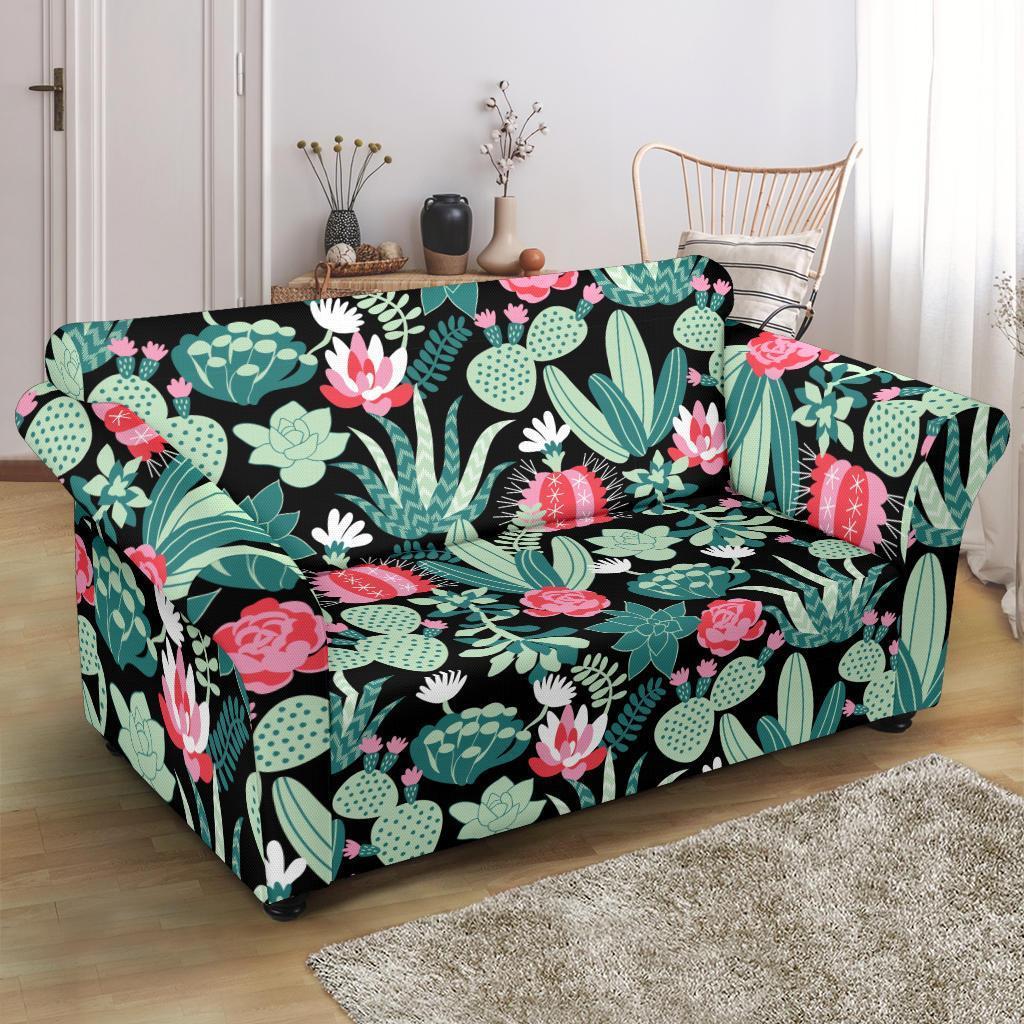 Black Cactus Pattern Print Loveseat Cover-grizzshop