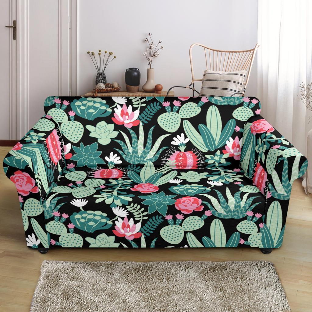 Black Cactus Pattern Print Loveseat Cover-grizzshop