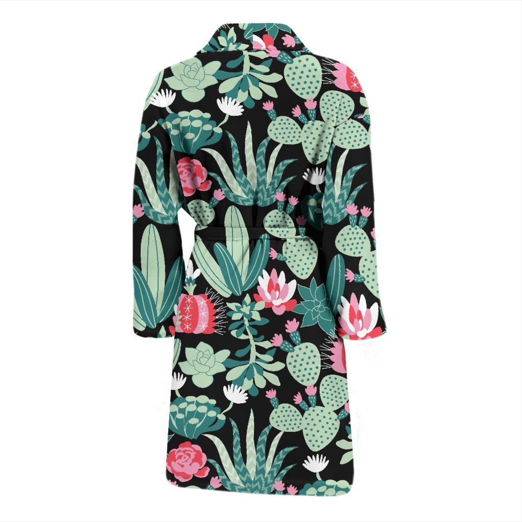 Black Cactus Pattern Print Men Long Robe-grizzshop