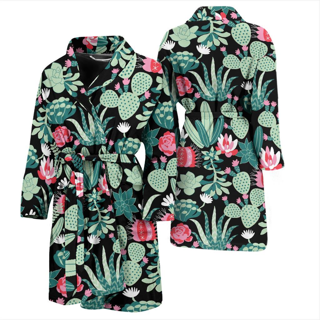 Black Cactus Pattern Print Men Long Robe-grizzshop