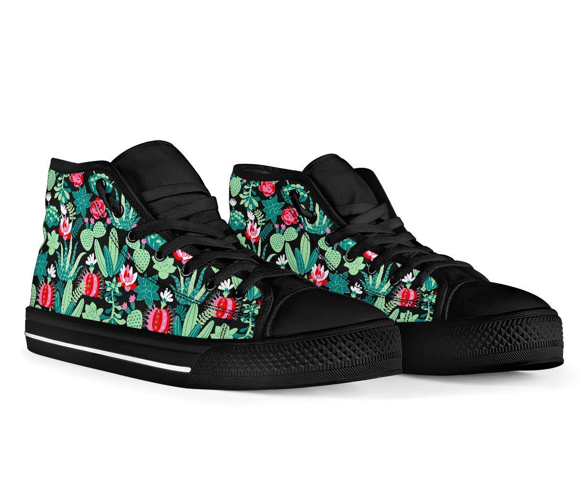 Black Cactus Pattern Print Men Women's High Top Shoes-grizzshop