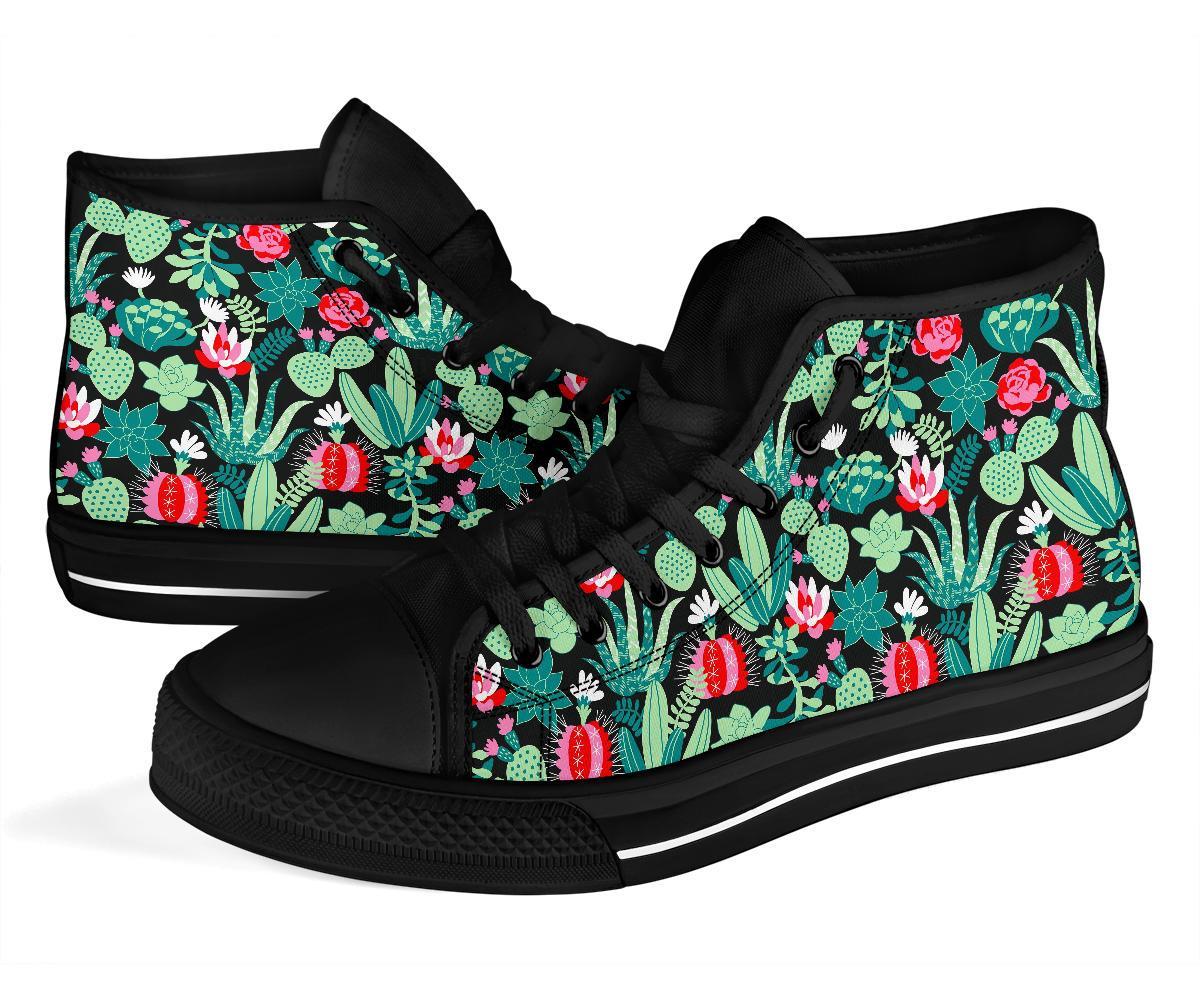 Black Cactus Pattern Print Men Women's High Top Shoes-grizzshop