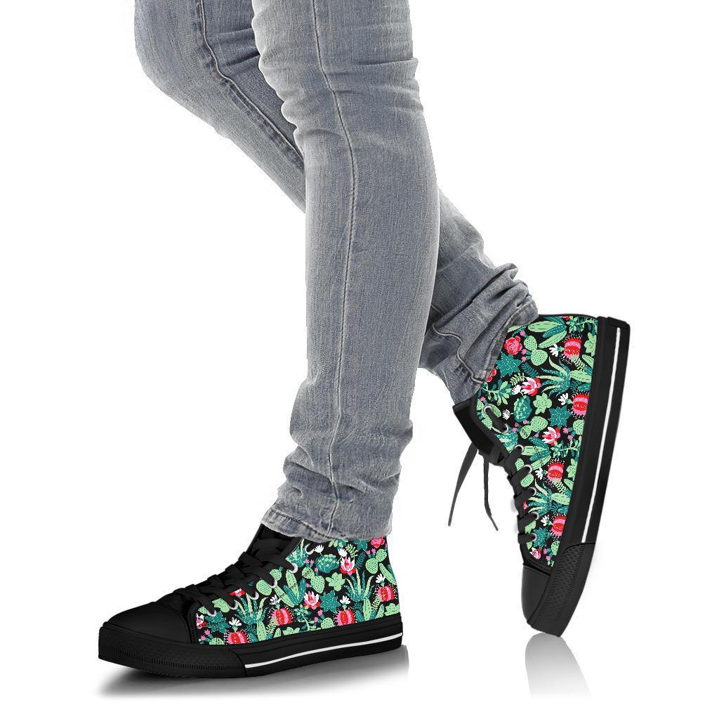 Black Cactus Pattern Print Men Women's High Top Shoes-grizzshop