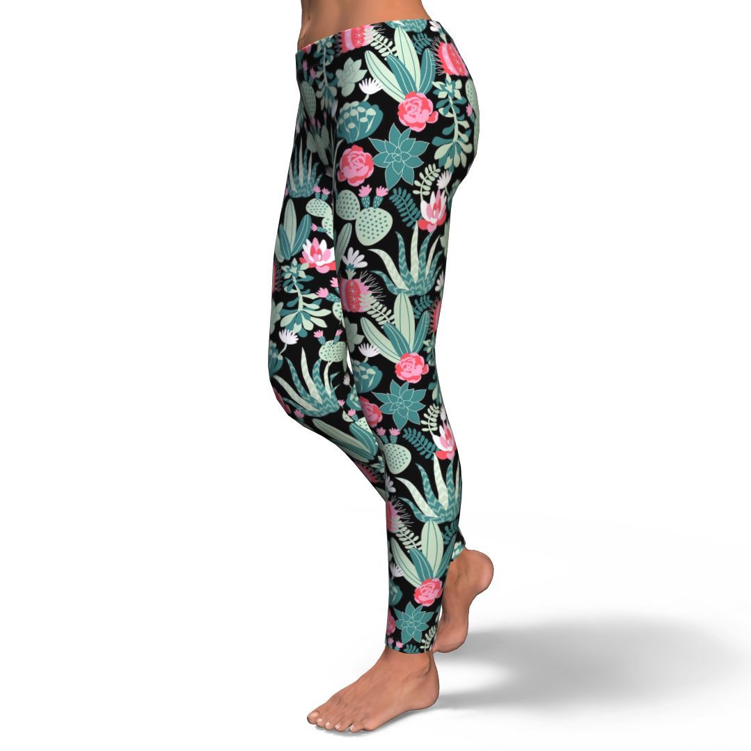 Black Cactus Pattern Print Pattern Women Leggings-grizzshop