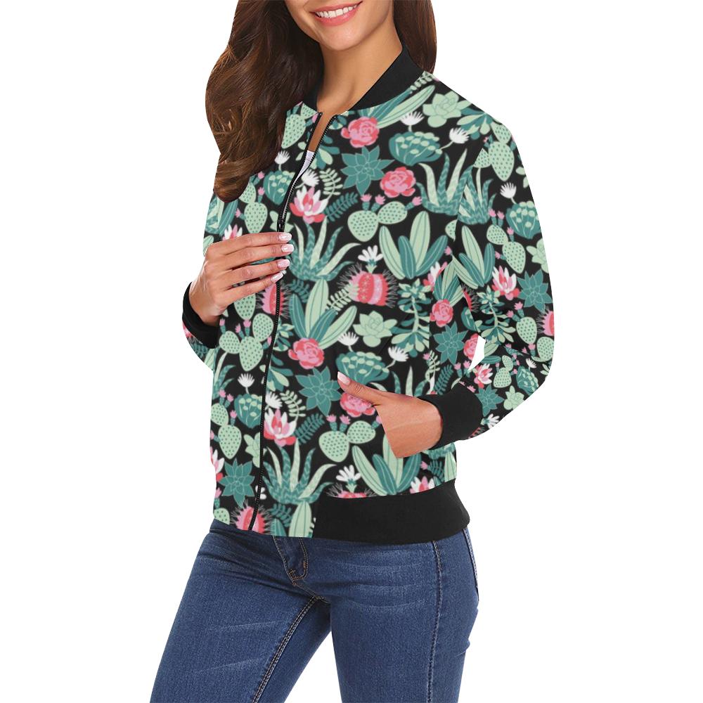 Black Cactus Pattern Print Women Casual Bomber Jacket-grizzshop