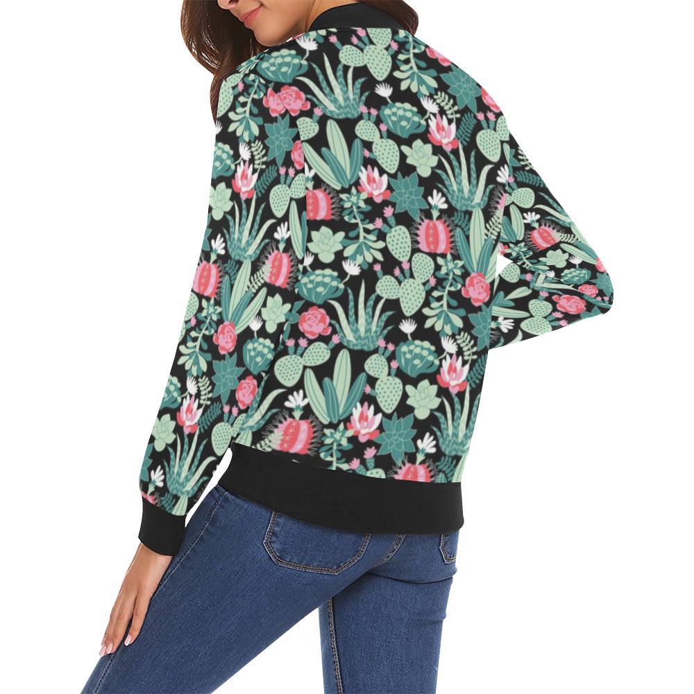 Black Cactus Pattern Print Women Casual Bomber Jacket-grizzshop