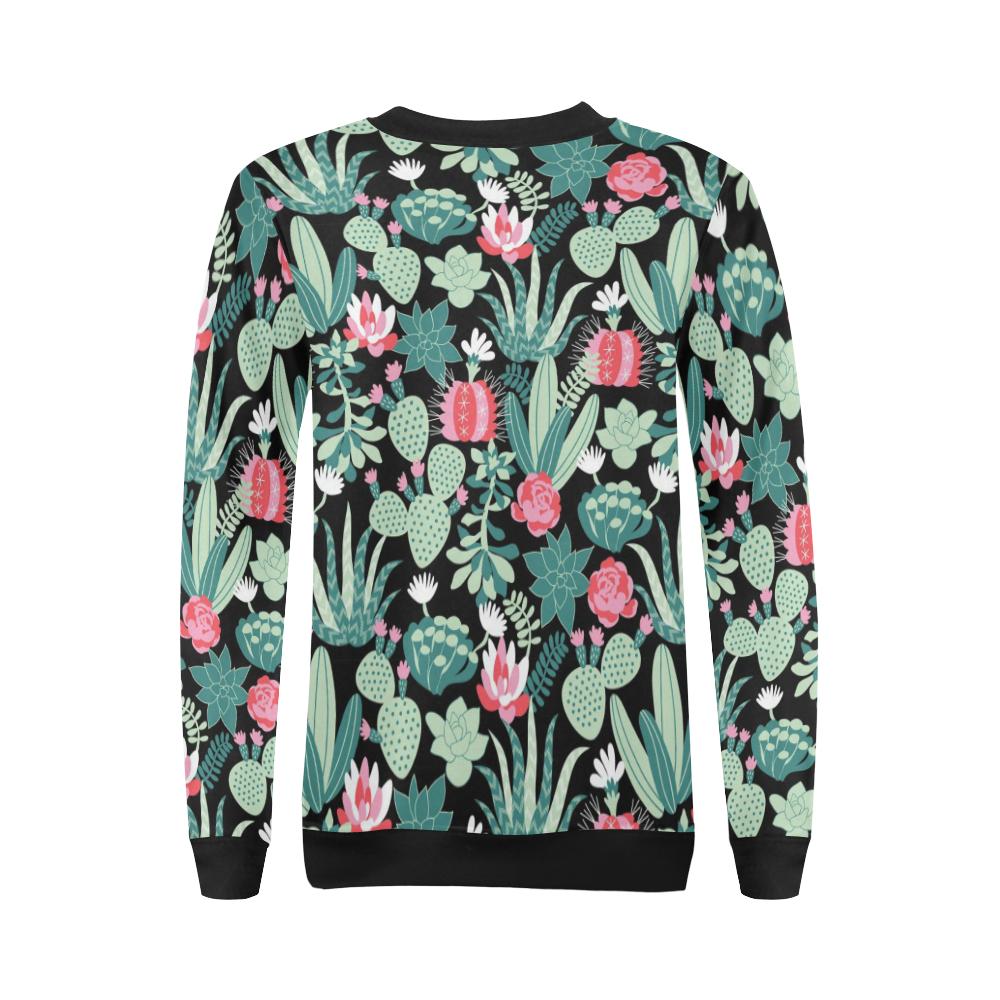 Black Cactus Pattern Print Women Crewneck Sweatshirt-grizzshop