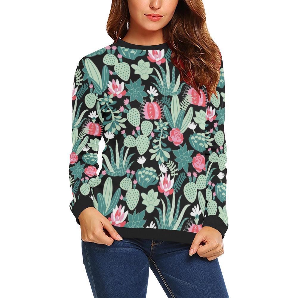 Black Cactus Pattern Print Women Crewneck Sweatshirt-grizzshop