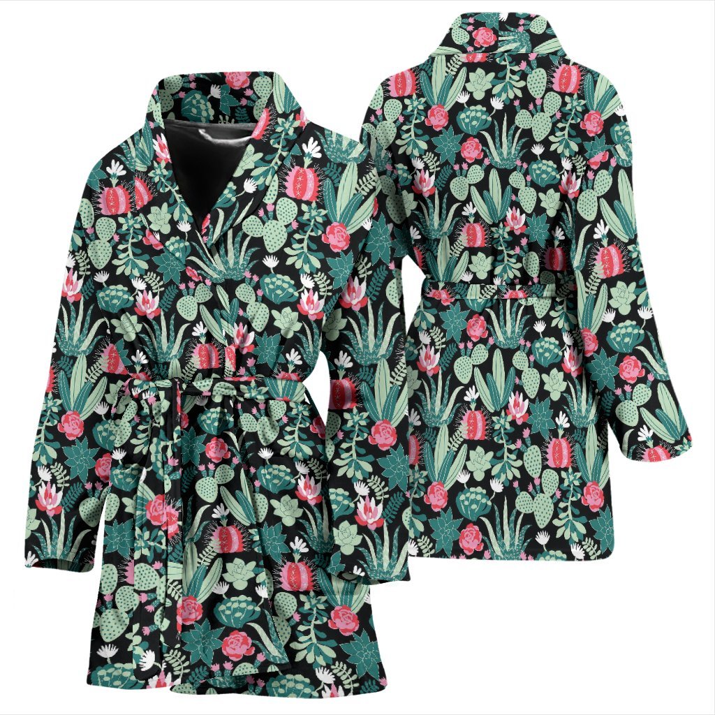 Black Cactus Pattern Print Women Long Robe-grizzshop