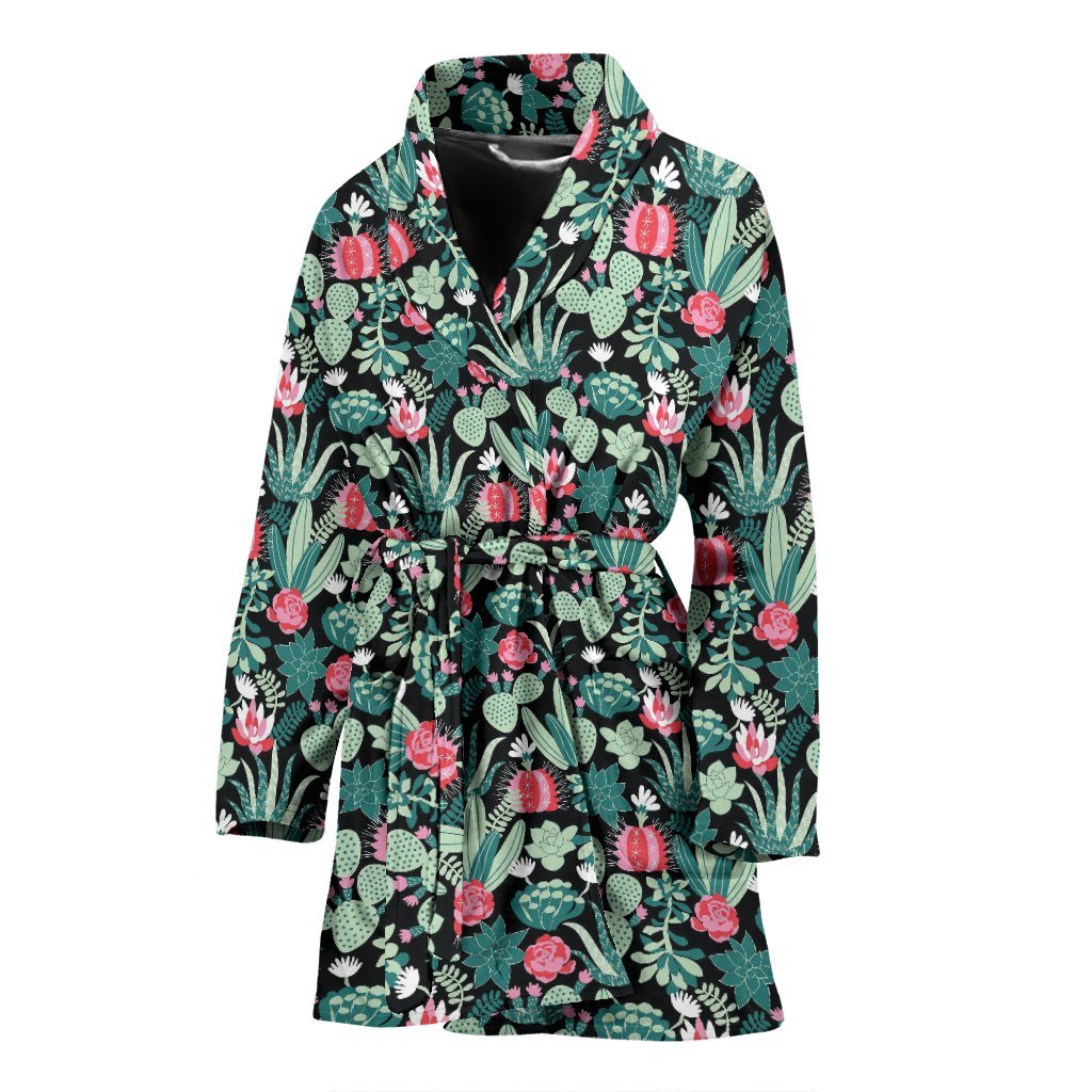 Black Cactus Pattern Print Women Long Robe-grizzshop