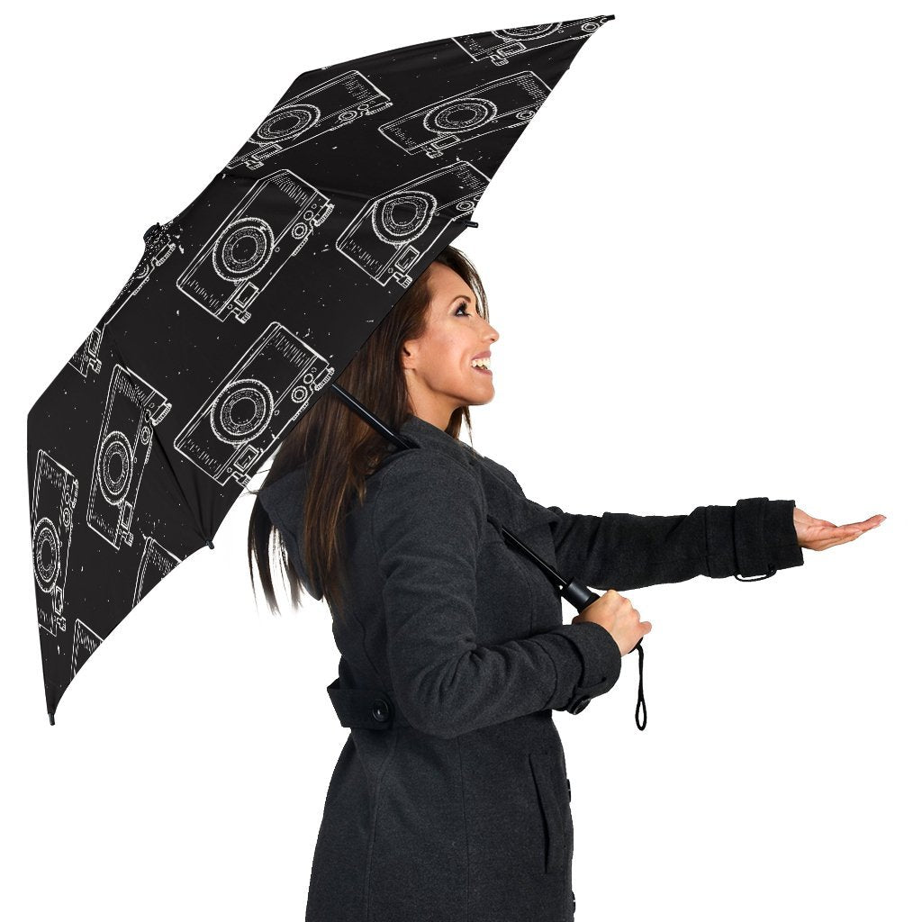 Black Camera Print Pattern Automatic Foldable Umbrella-grizzshop