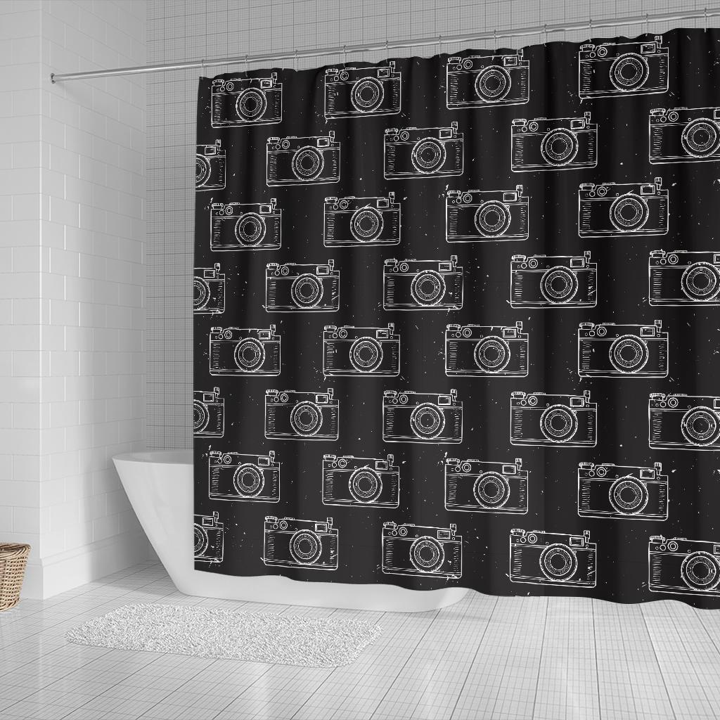 Black Camera Print Pattern Bathroom Shower Curtain-grizzshop