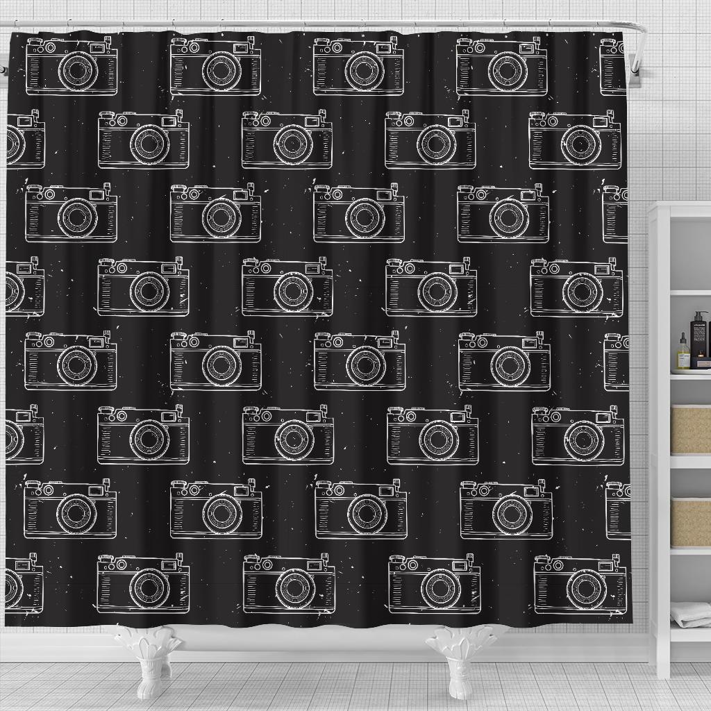 Black Camera Print Pattern Bathroom Shower Curtain-grizzshop