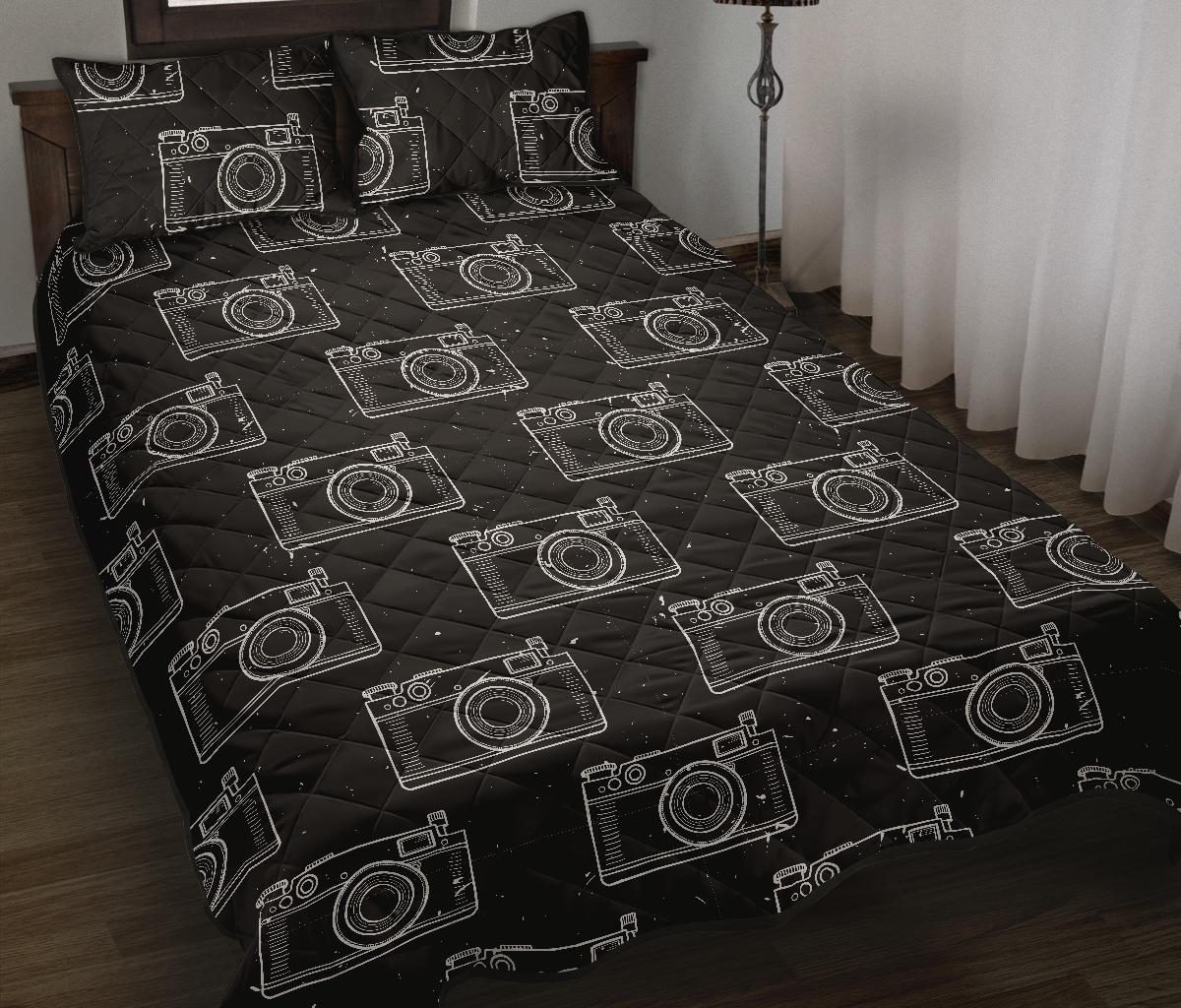 Black Camera Print Pattern Bed Set Quilt-grizzshop