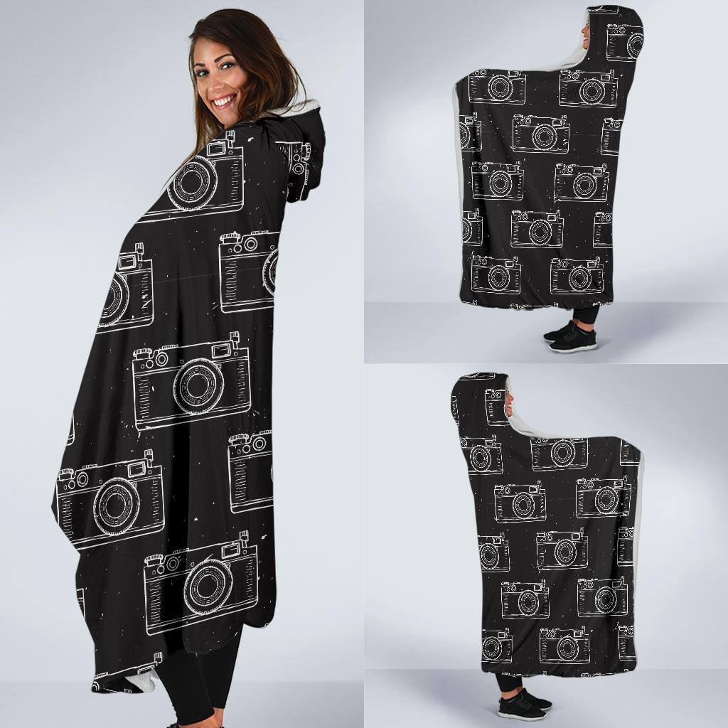 Black Camera Print Pattern Hooded Blanket-grizzshop