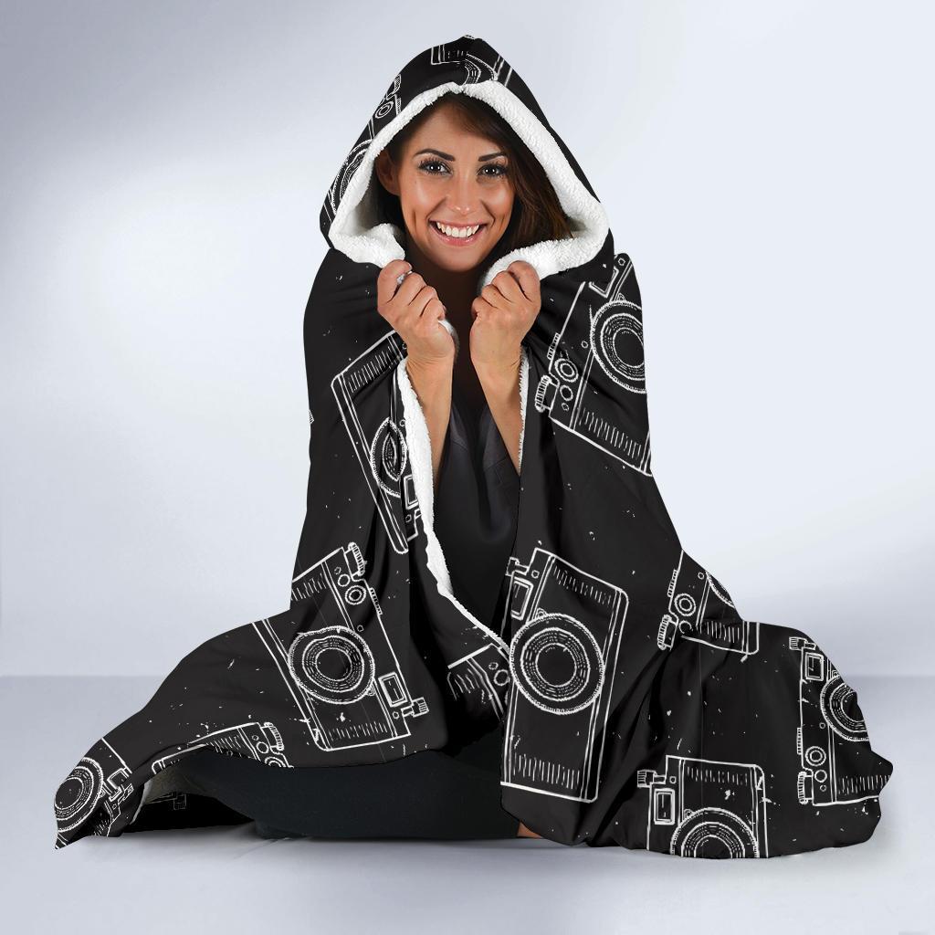 Black Camera Print Pattern Hooded Blanket-grizzshop