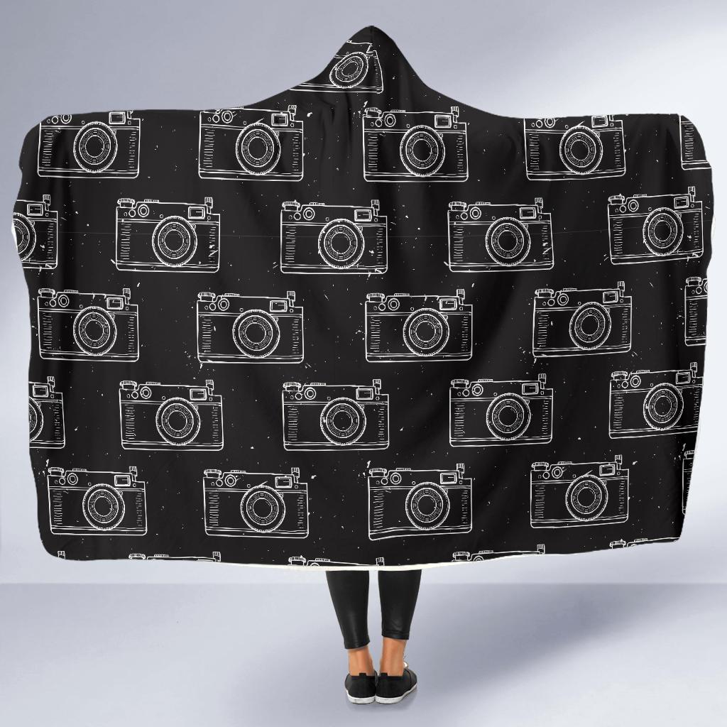Black Camera Print Pattern Hooded Blanket-grizzshop