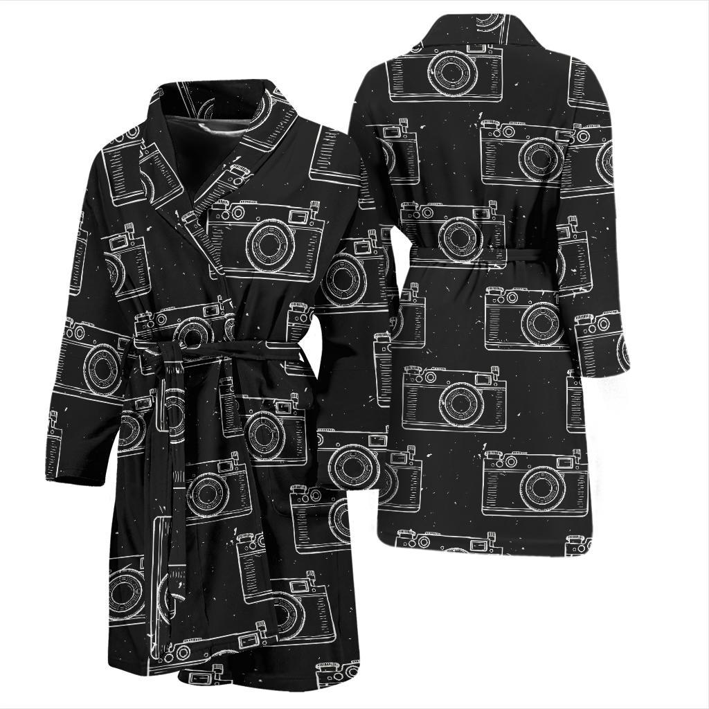 Black Camera Print Pattern Men Long Robe-grizzshop