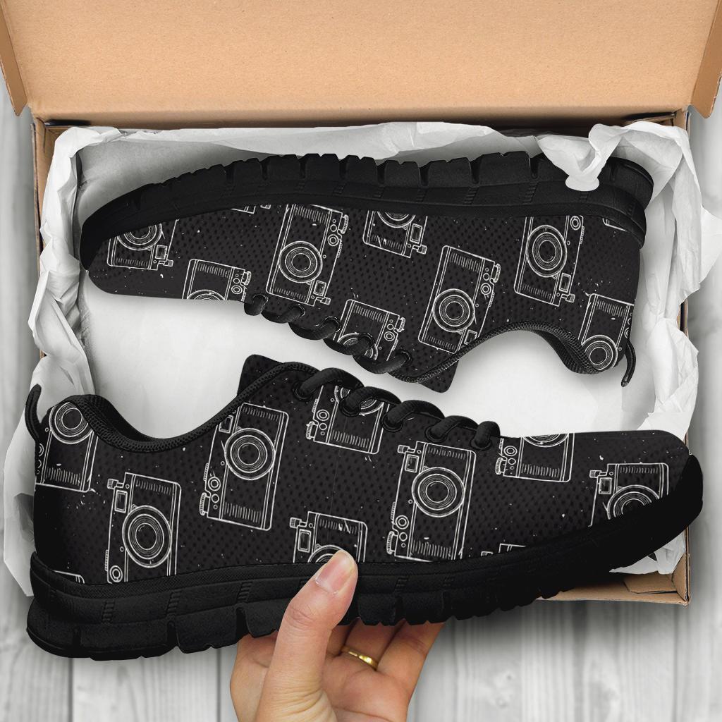 Black Camera Print Pattern Sneaker Shoes For Men Women-grizzshop