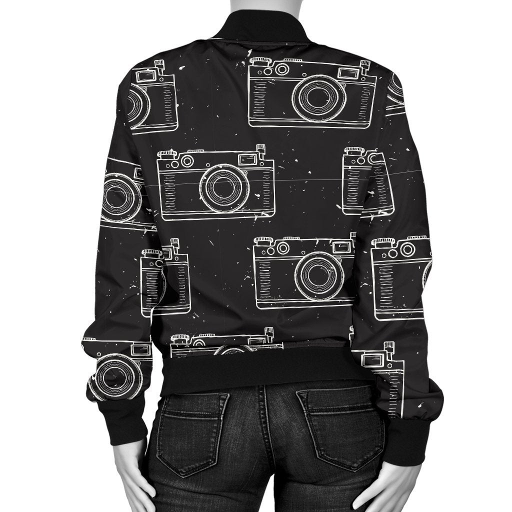 Black Camera Print Pattern Women Casual Bomber Jacket-grizzshop
