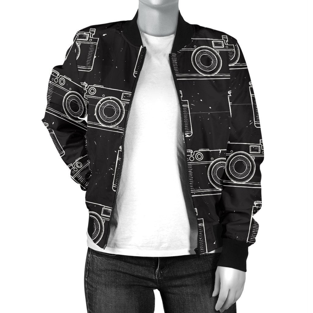 Black Camera Print Pattern Women Casual Bomber Jacket-grizzshop