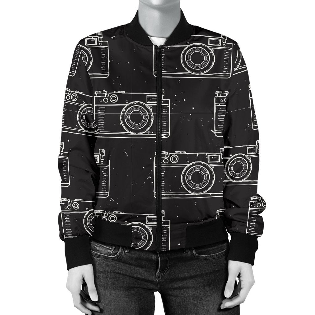 Black Camera Print Pattern Women Casual Bomber Jacket-grizzshop