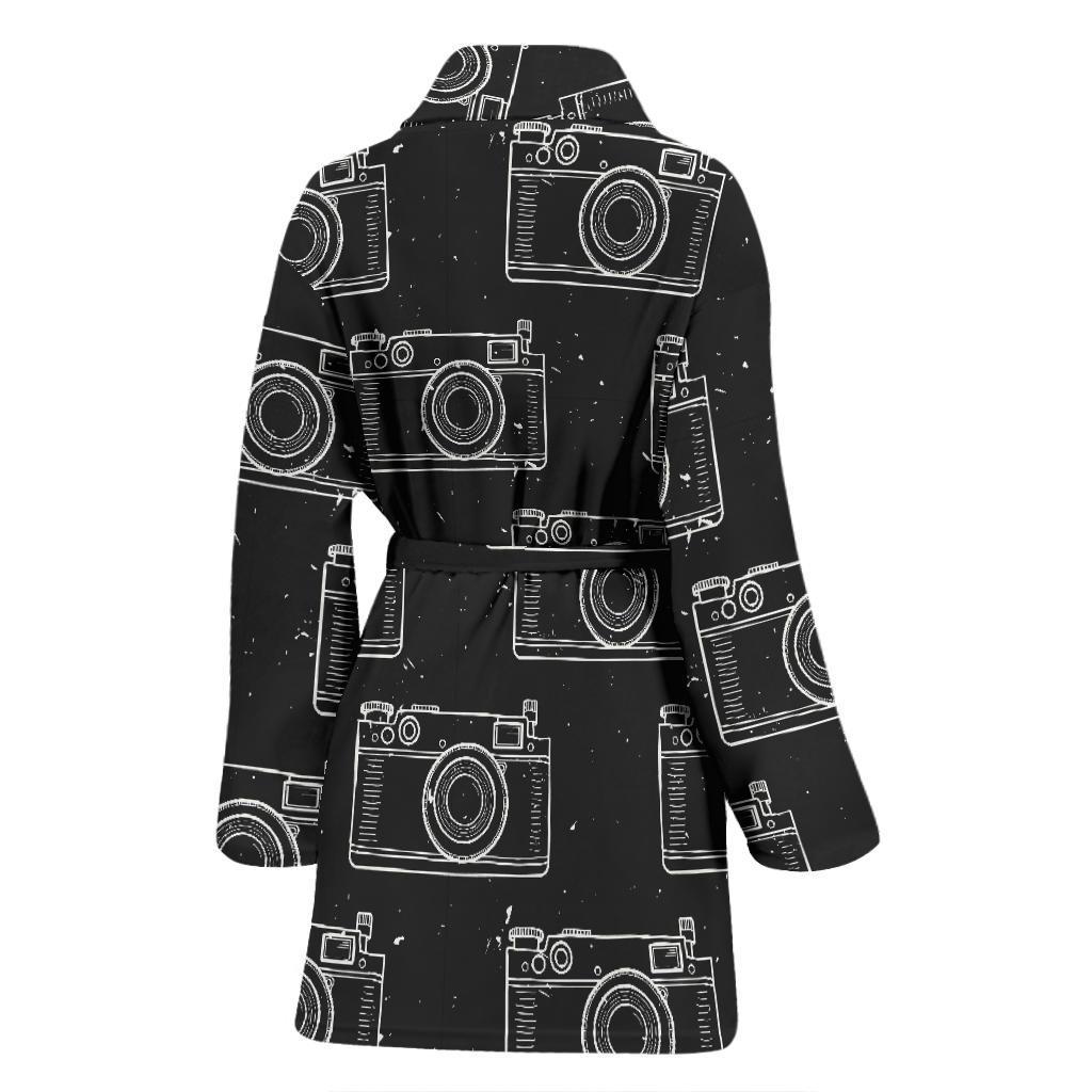 Black Camera Print Pattern Women Long Robe-grizzshop