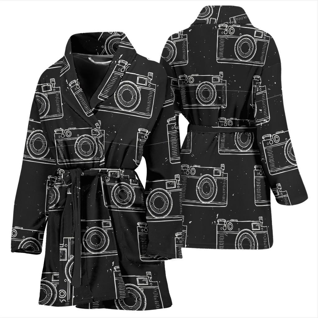 Black Camera Print Pattern Women Long Robe-grizzshop