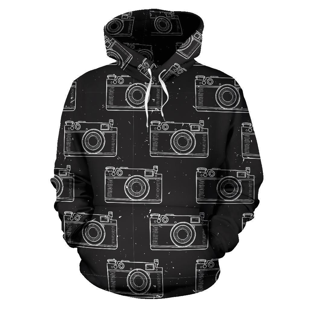 Black Camera Print Pattern Women Men Pullover Hoodie-grizzshop