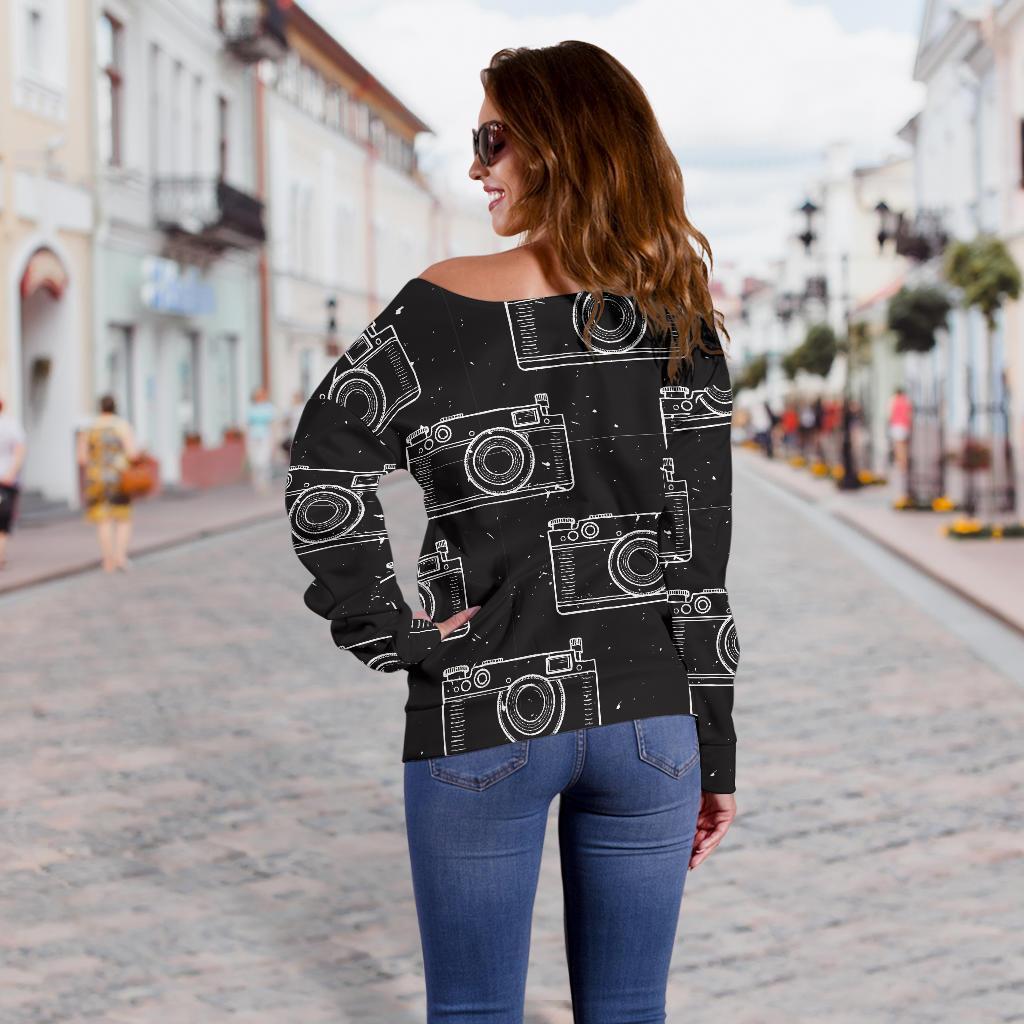 Black Camera Print Pattern Women Off Shoulder Sweatshirt-grizzshop