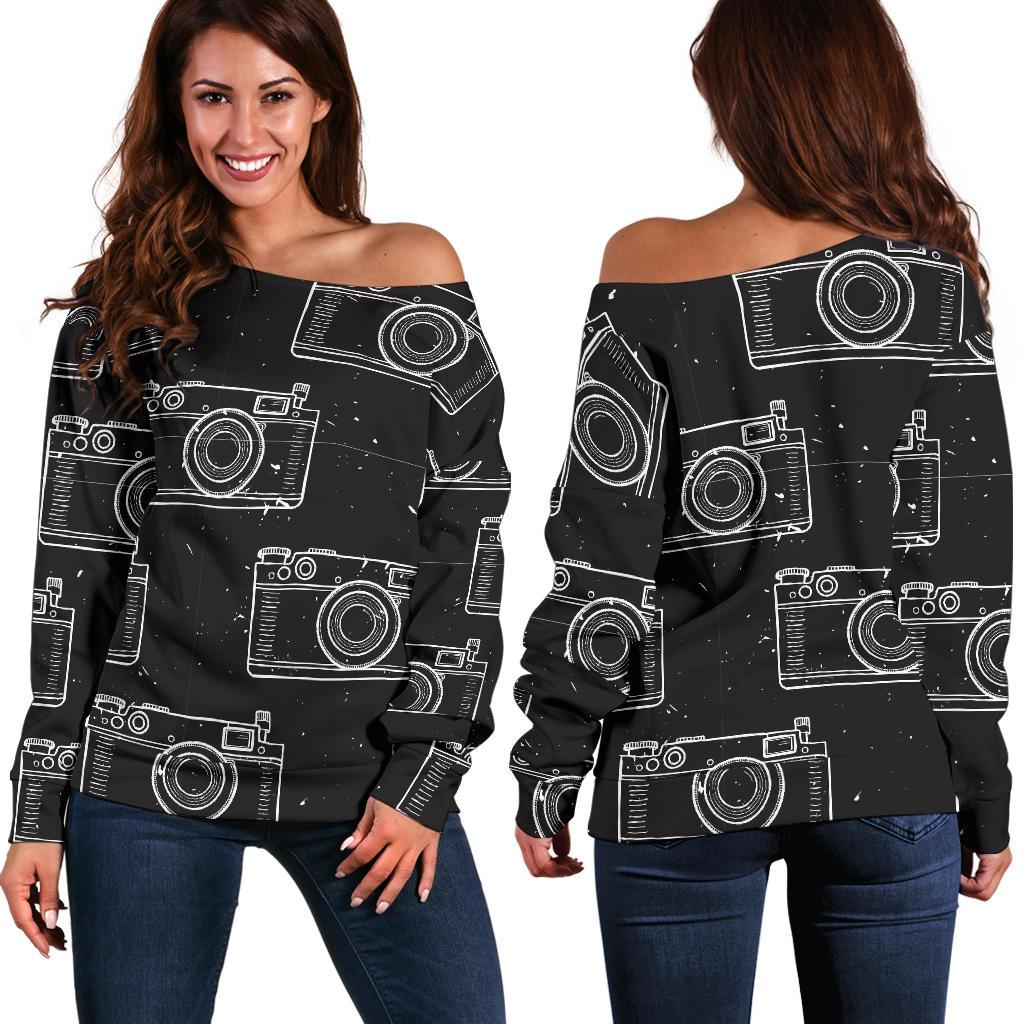 Black Camera Print Pattern Women Off Shoulder Sweatshirt-grizzshop