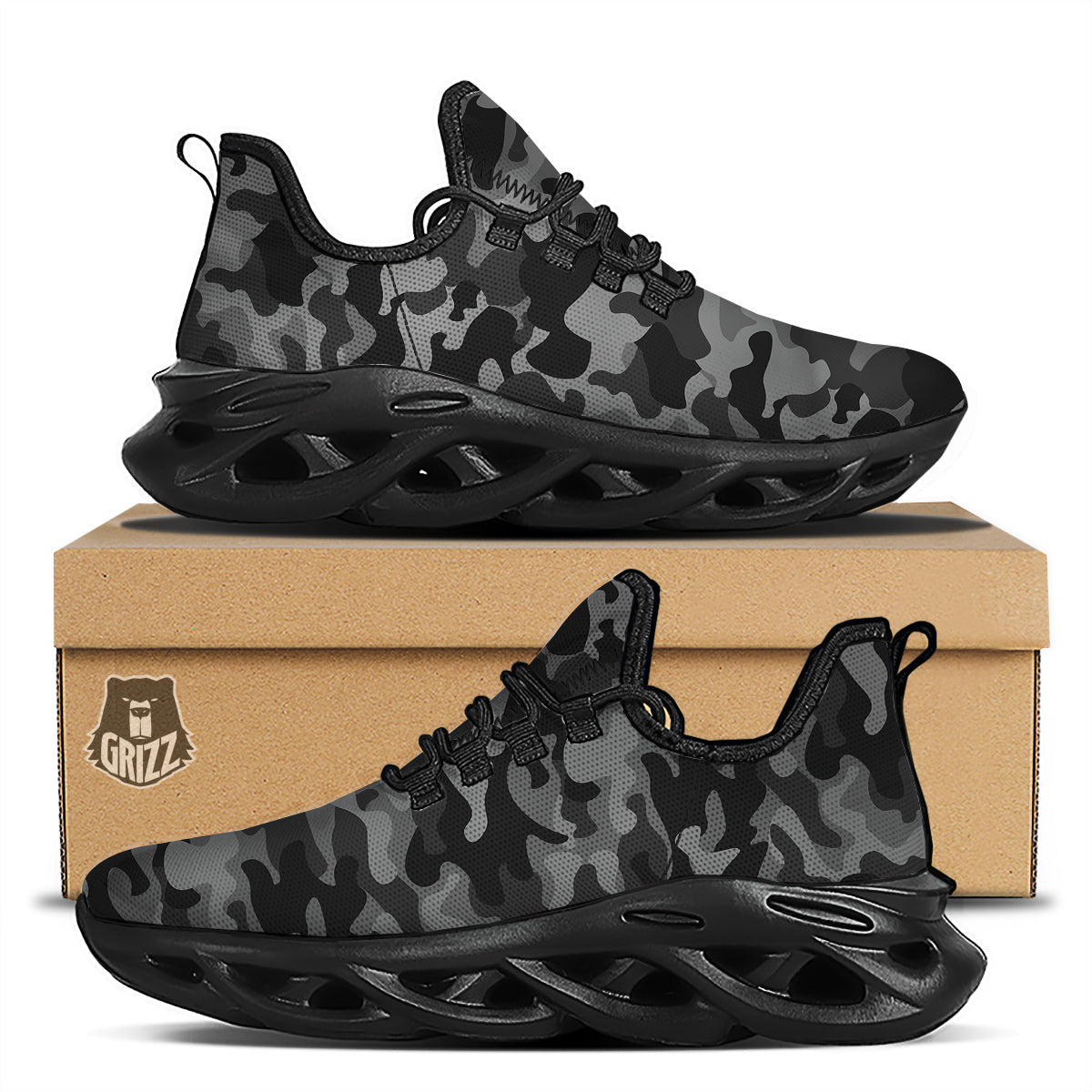 Black Camo And Camouflage Print Black Running Shoes-grizzshop