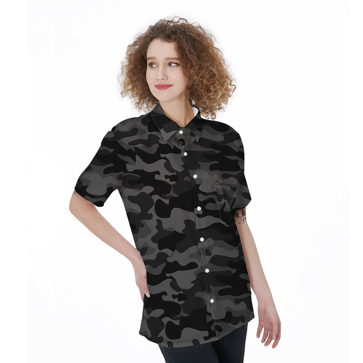 Black Camo And Camouflage Print Women's Short Sleeve Shirts-grizzshop