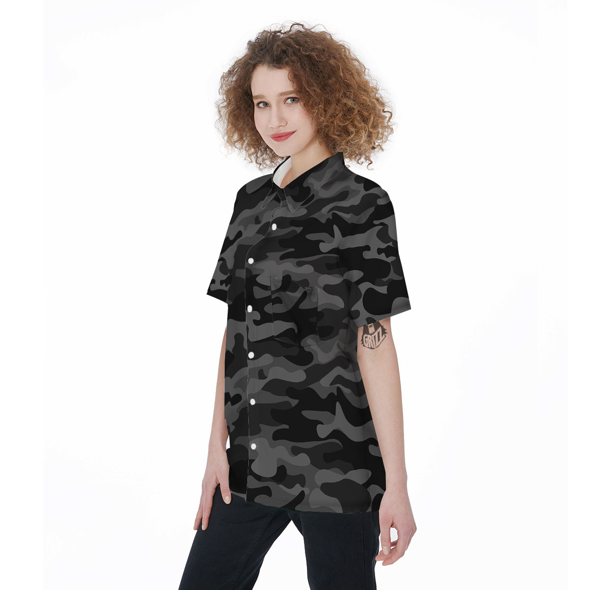 Black Camo And Camouflage Print Women's Short Sleeve Shirts-grizzshop