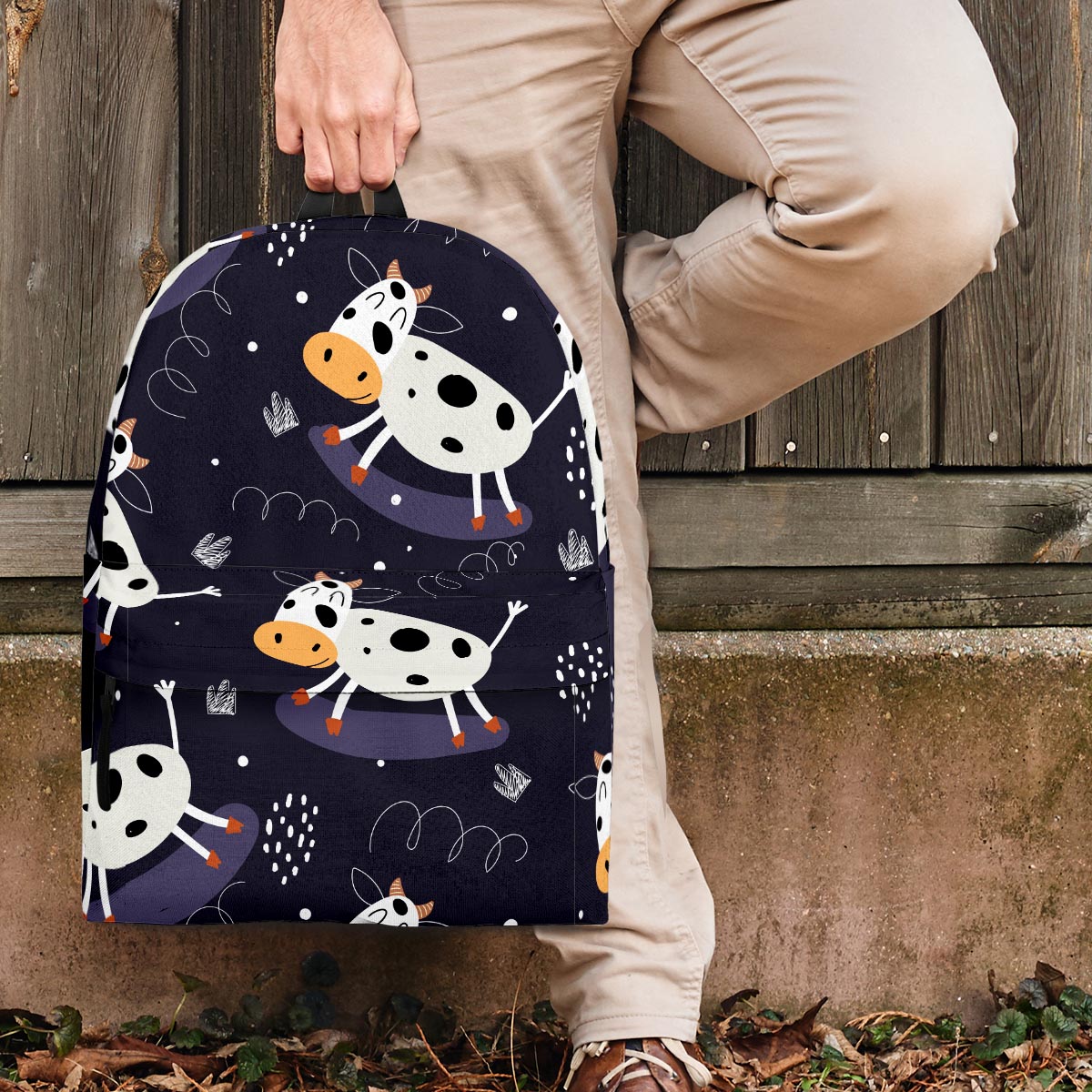 Black Cartoon Cow Print Backpack-grizzshop