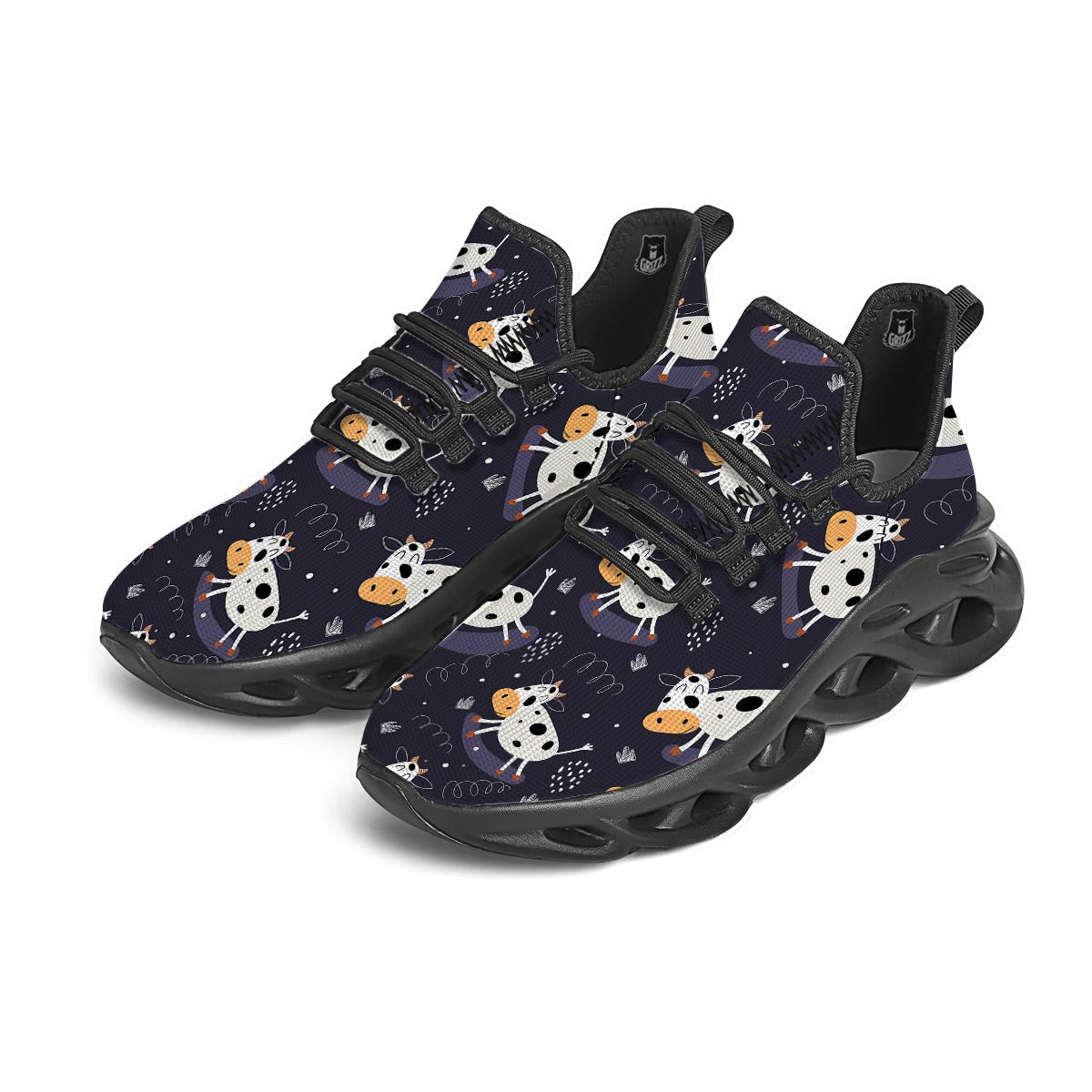 Black Cartoon Cow Print Black Running Shoes-grizzshop