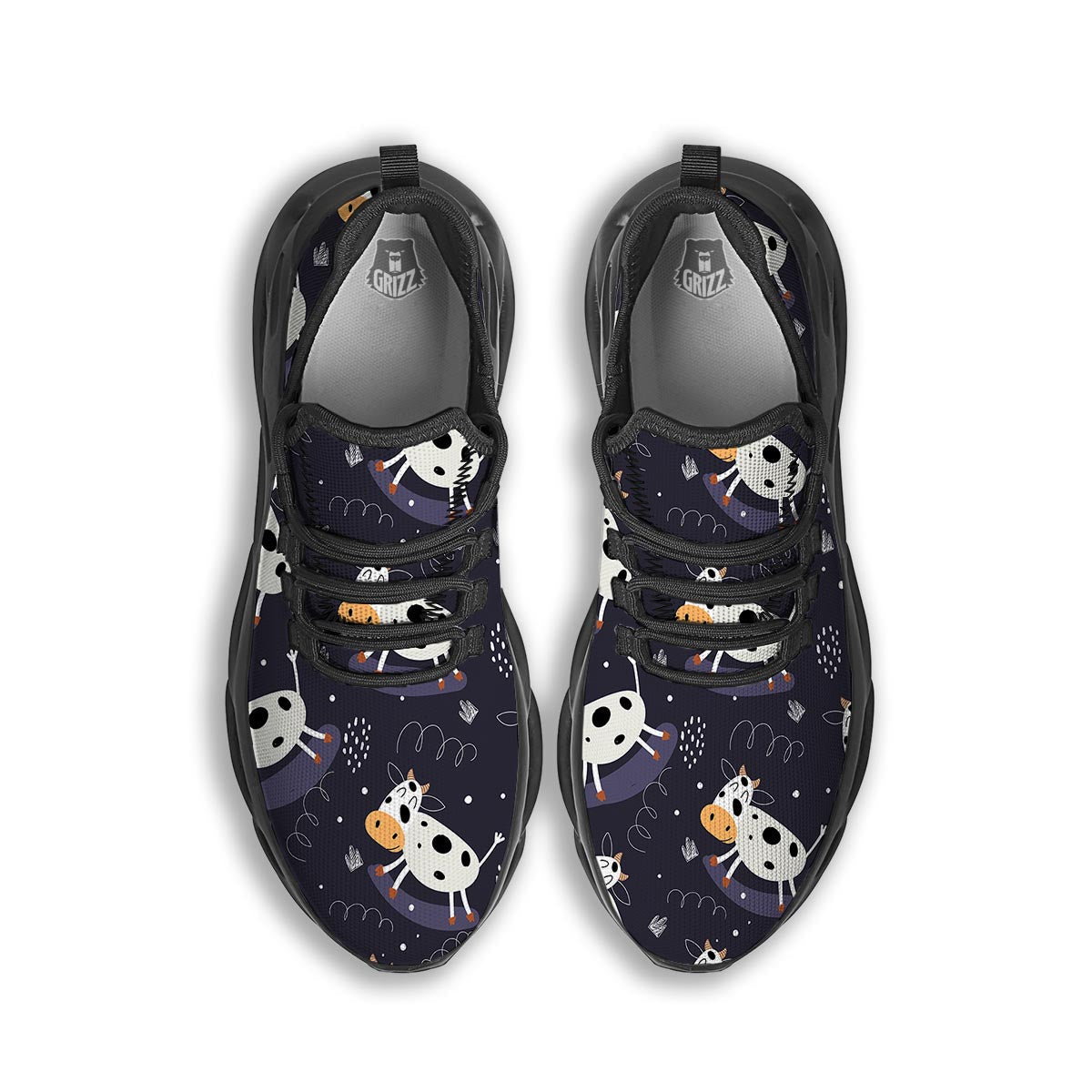 Black Cartoon Cow Print Black Running Shoes-grizzshop