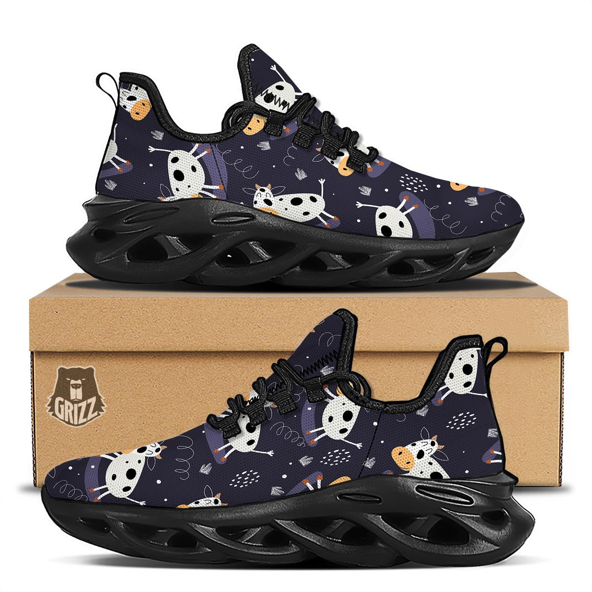 Black Cartoon Cow Print Black Running Shoes-grizzshop