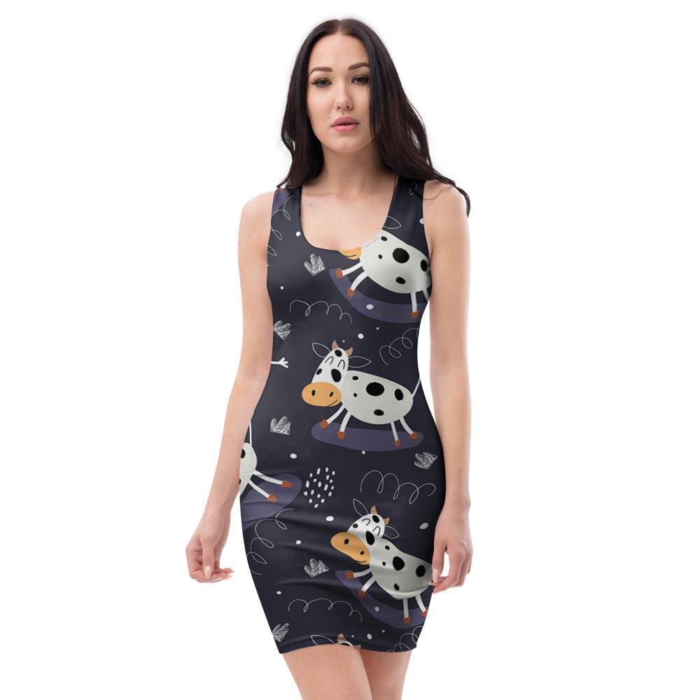 Black Cartoon Cow Print Bodycon Dress-grizzshop