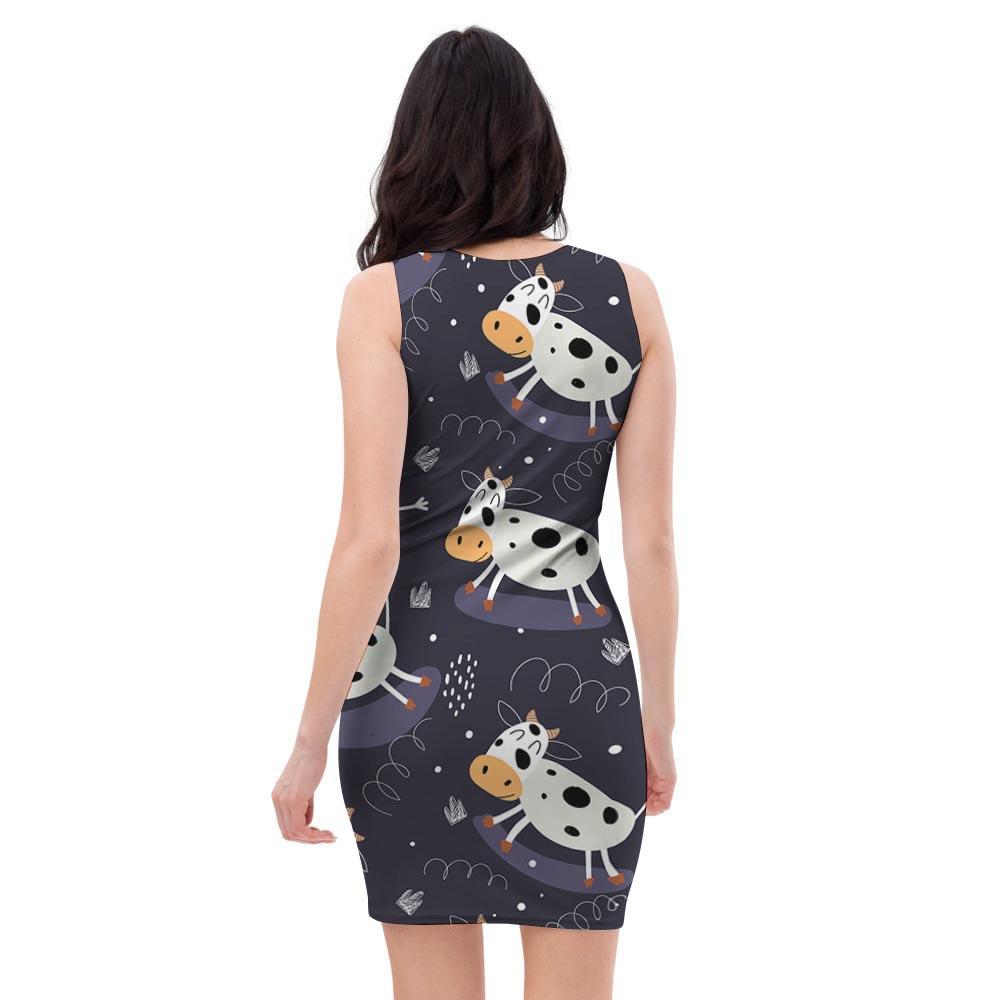 Black Cartoon Cow Print Bodycon Dress-grizzshop