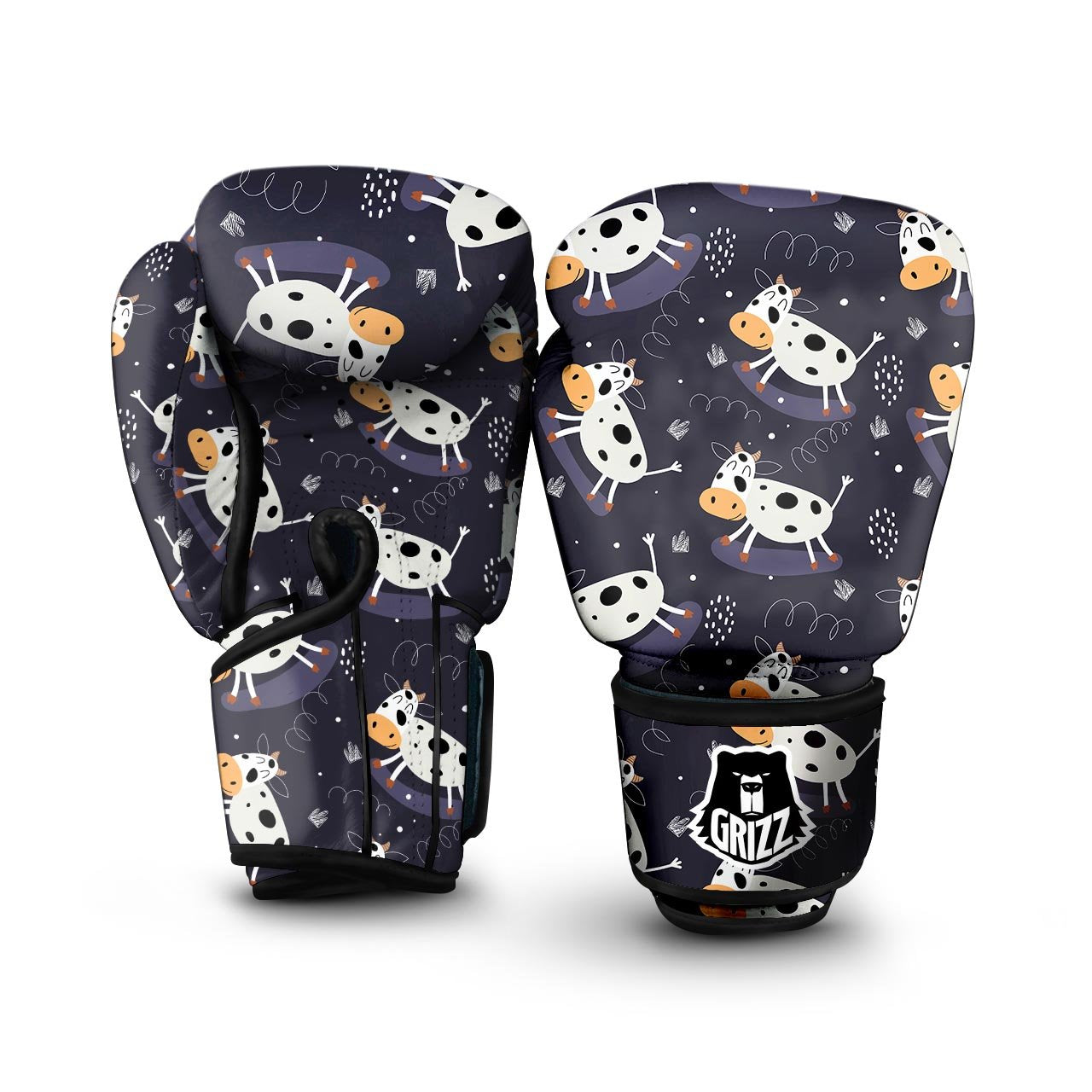 Black Cartoon Cow Print Boxing Gloves-grizzshop