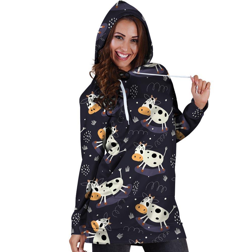 Black Cartoon Cow Print Hoodie Dress-grizzshop